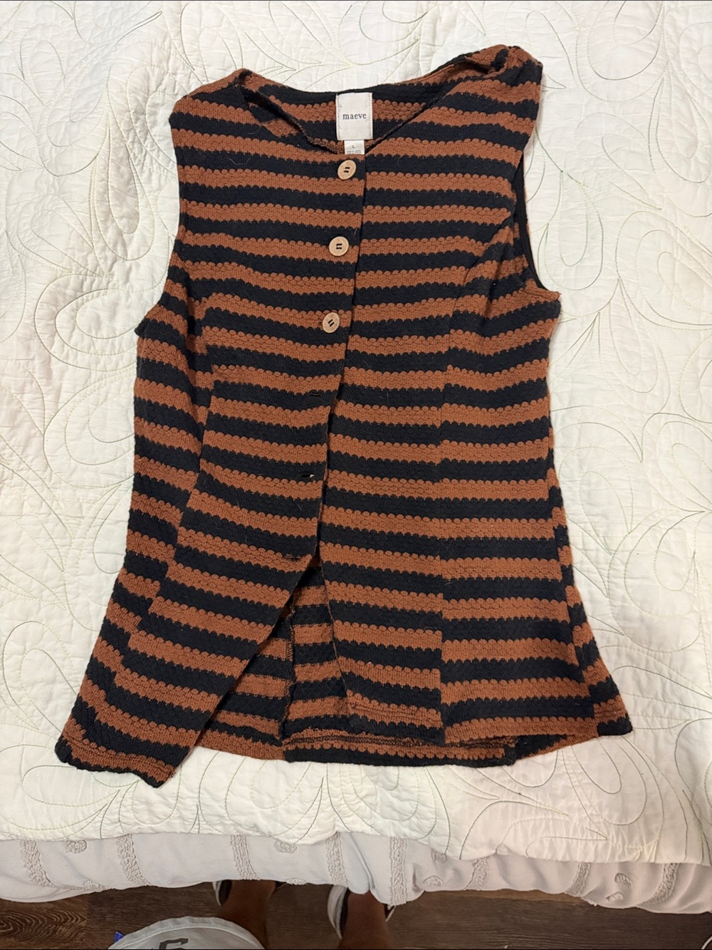 Maeve Black and Brown Striped Knit vest with Front Buttons